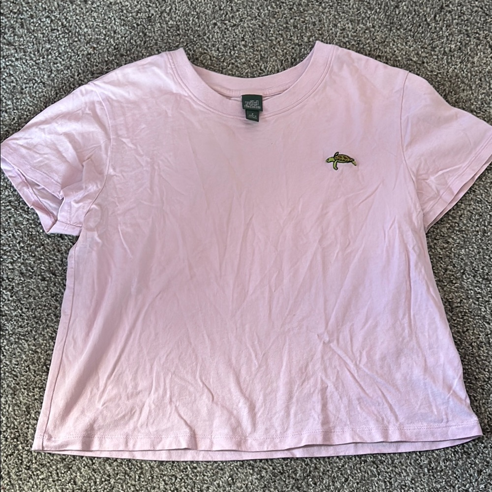 Pink Cropped T-Shirt with Turtle Embroidery
